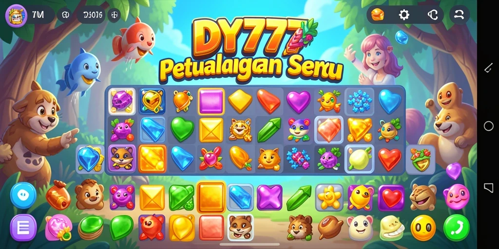 Screenshot utama DY777 menampilkan keseruan gameplay Match-3 yang penuh warna.